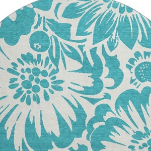 HomeRoots 8' Teal Floral Round Rug - Washable, UV Protected, Durable Design for Indoor & Outdoor Spaces 648709
