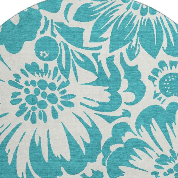 HomeRoots 8' Teal Floral Round Rug - Washable, UV Protected, Durable Design for Indoor & Outdoor Spaces 648709