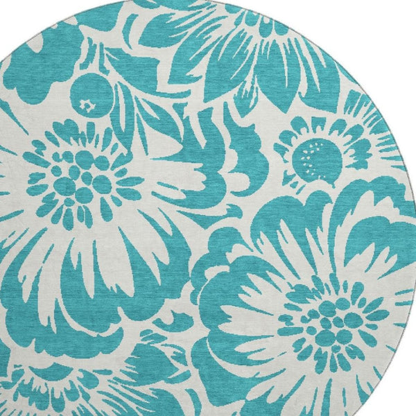 HomeRoots 8' Teal Floral Round Rug - Washable, UV Protected, Durable Design for Indoor & Outdoor Spaces 648709