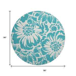 HomeRoots 8' Teal Floral Round Rug - Washable, UV Protected, Durable Design for Indoor & Outdoor Spaces 648709