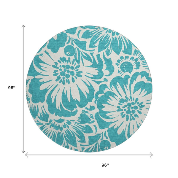 HomeRoots 8' Teal Floral Round Rug - Washable, UV Protected, Durable Design for Indoor & Outdoor Spaces 648709