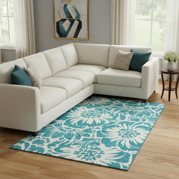 HomeRoots 8' X 10' Teal And Ivory Floral Washable Area Rug - Stylish, Durable, UV-Protected for Busy Homes 648710