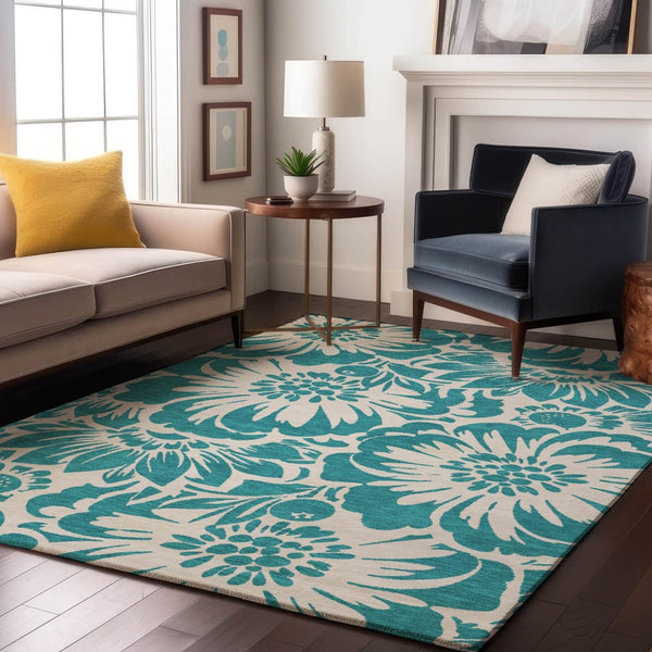 HomeRoots 9' X 12' Teal Floral Washable Area Rug - Durable, Stain Resistant, UV Protected for High-Traffic Areas 648711
