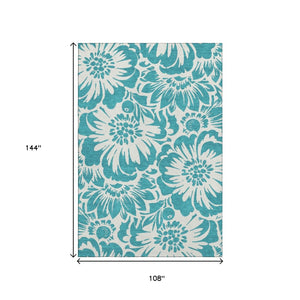 HomeRoots 9' X 12' Teal Floral Washable Area Rug - Durable, Stain Resistant, UV Protected for High-Traffic Areas 648711