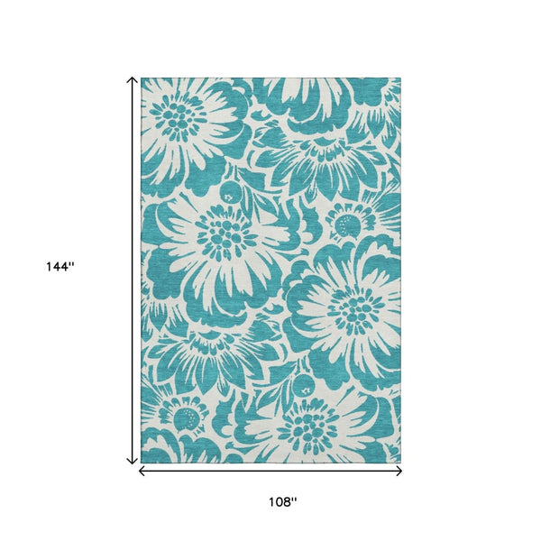 HomeRoots 9' X 12' Teal Floral Washable Area Rug - Durable, Stain Resistant, UV Protected for High-Traffic Areas 648711