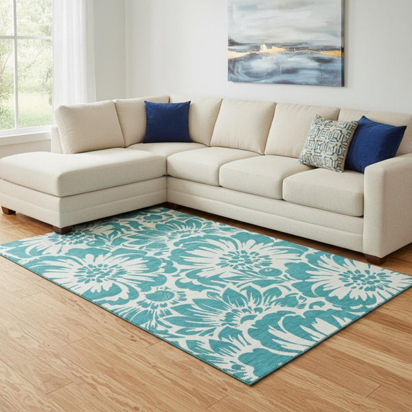 HomeRoots 9' X 12' Teal Floral Washable Area Rug - Durable, Stain Resistant, UV Protected for High-Traffic Areas 648711