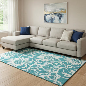 HomeRoots 10' X 14' Teal & Ivory Floral Washable Area Rug - UV Protected, Durable, Stylish for Any Room 648712