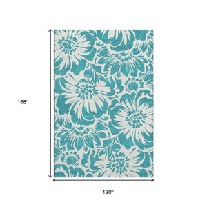 HomeRoots 10' X 14' Teal & Ivory Floral Washable Area Rug - UV Protected, Durable, Stylish for Any Room 648712