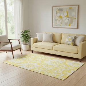 HomeRoots 5' Yellow and Ivory Floral Washable Area Rug - UV Protected, Stain Resistant, Perfect for Families 648714