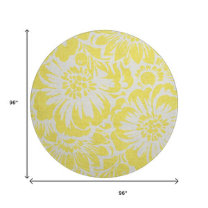 HomeRoots 8' Yellow and Ivory Floral Round Rug - Washable, UV Protected, and Perfect for High-Traffic Areas! 648715
