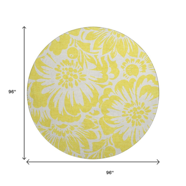 HomeRoots 8' Yellow and Ivory Floral Round Rug - Washable, UV Protected, and Perfect for High-Traffic Areas! 648715