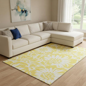 HomeRoots 8' X 10' Bright Yellow & Ivory Floral Washable Area Rug with UV Protection for Stylish Living Spaces 648716