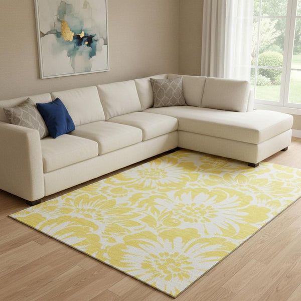 HomeRoots 8' X 10' Bright Yellow & Ivory Floral Washable Area Rug with UV Protection for Stylish Living Spaces 648716