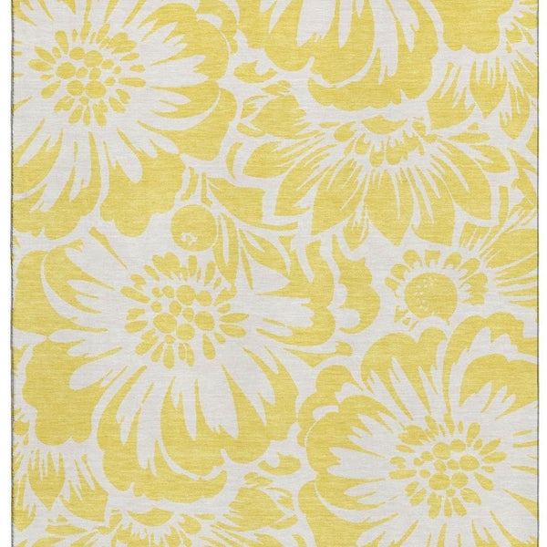 HomeRoots 9' X 12' Washable Yellow & Ivory Floral Area Rug - Durable, UV-Protected, Stain-Resistant Design! 648717