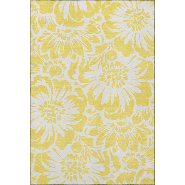HomeRoots 9' X 12' Washable Yellow & Ivory Floral Area Rug - Durable, UV-Protected, Stain-Resistant Design! 648717