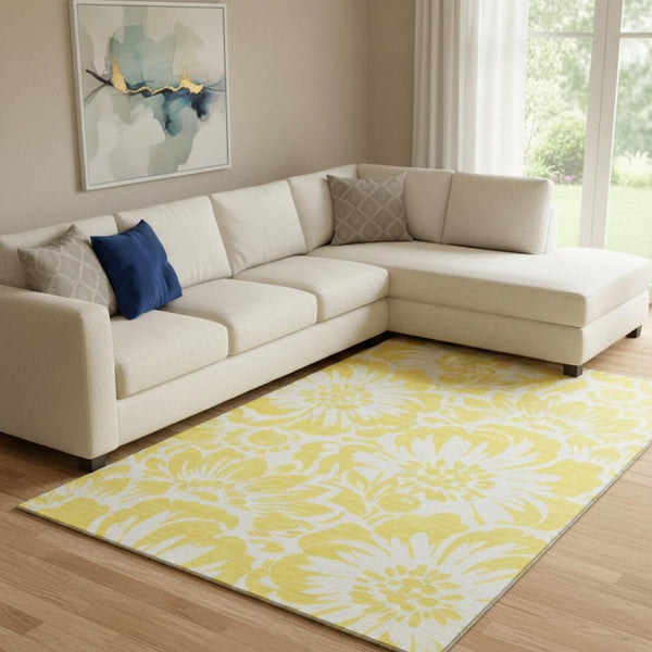 HomeRoots 9' X 12' Washable Yellow & Ivory Floral Area Rug - Durable, UV-Protected, Stain-Resistant Design! 648717