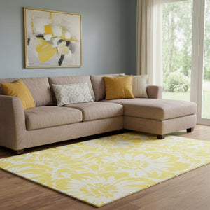 HomeRoots 10' Yellow & Ivory Floral Washable Area Rug with UV Protection – Stylish, Durable & Stain Resistant! 648718