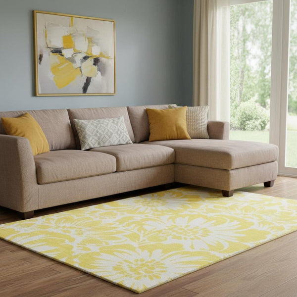HomeRoots 10' Yellow & Ivory Floral Washable Area Rug with UV Protection – Stylish, Durable & Stain Resistant! 648718