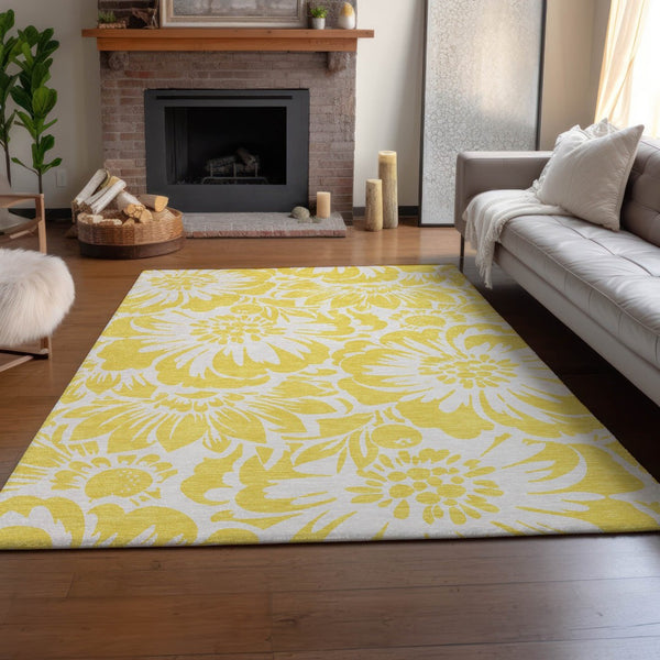 HomeRoots 10' Yellow & Ivory Floral Washable Area Rug with UV Protection – Stylish, Durable & Stain Resistant! 648718