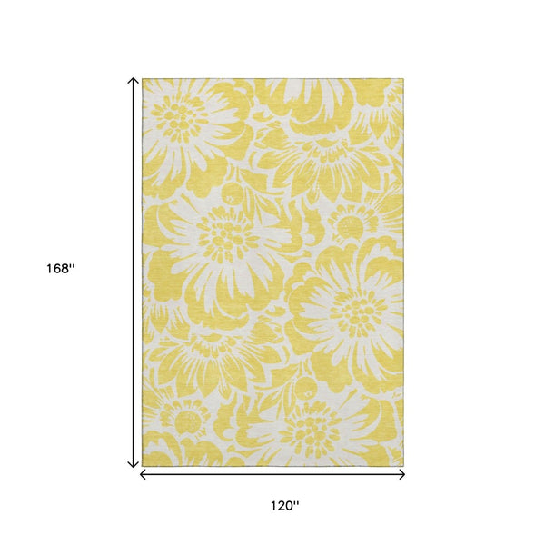 HomeRoots 10' Yellow & Ivory Floral Washable Area Rug with UV Protection – Stylish, Durable & Stain Resistant! 648718