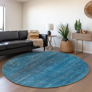HomeRoots 8' Blue and Gray Striped Round Rug – Washable, UV-Protected, Durable Design for High-Traffic Areas 648721