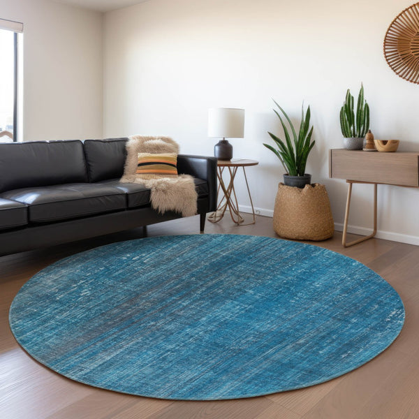 HomeRoots 8' Blue and Gray Striped Round Rug – Washable, UV-Protected, Durable Design for High-Traffic Areas 648721