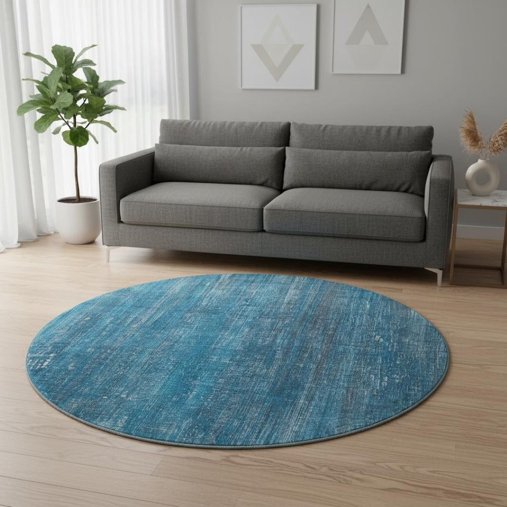 HomeRoots 8' Blue and Gray Striped Round Rug – Washable, UV-Protected, Durable Design for High-Traffic Areas 648721