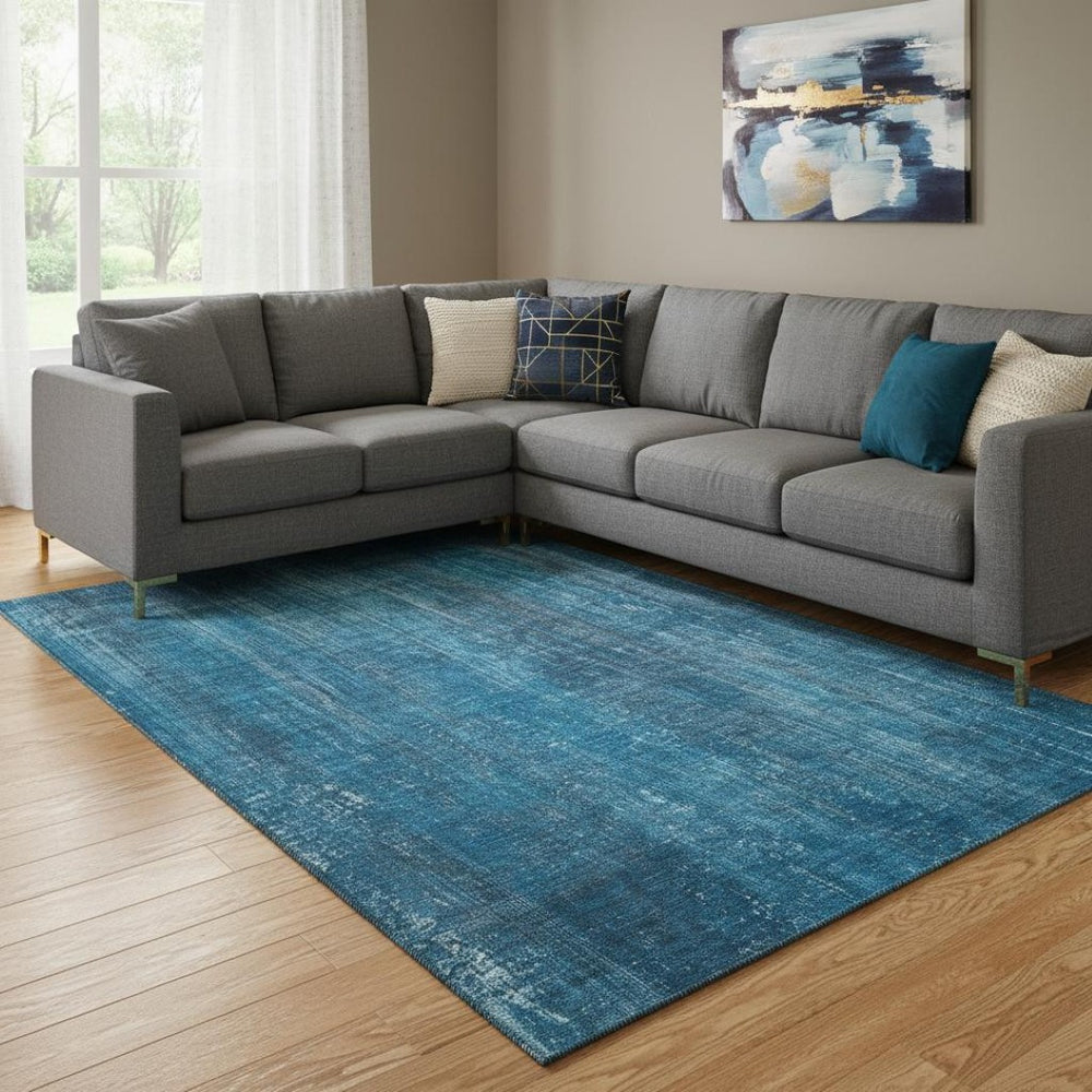 HomeRoots 9' Blue and Gray Striped Area Rug - Washable, UV Protected, Durable for High-Traffic Spaces, 9x12 ft 648723