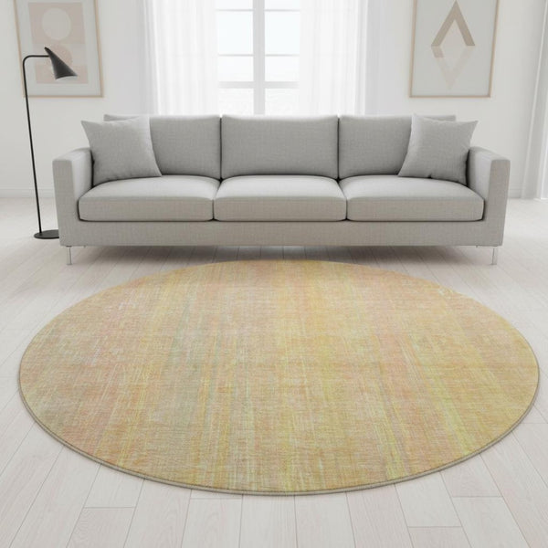HomeRoots 8' Blush and Gold Striped Round Rug - Stylish, Washable, UV Protected, Stain Resistant for Homes 648727