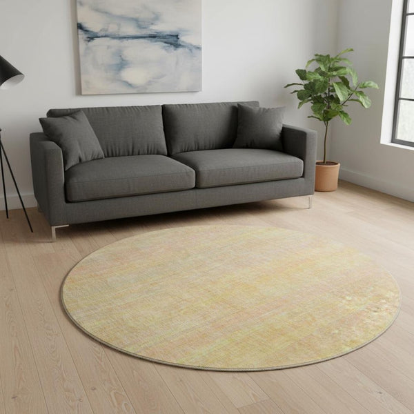HomeRoots 8' Blush and Gold Striped Round Rug - Stylish, Washable, UV Protected, Stain Resistant for Homes 648727