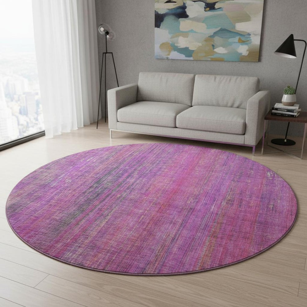 HomeRoots 8' Lilac and Blush Striped Washable Round Rug – Durable, UV-Protected, Stylish for Any Space 648745