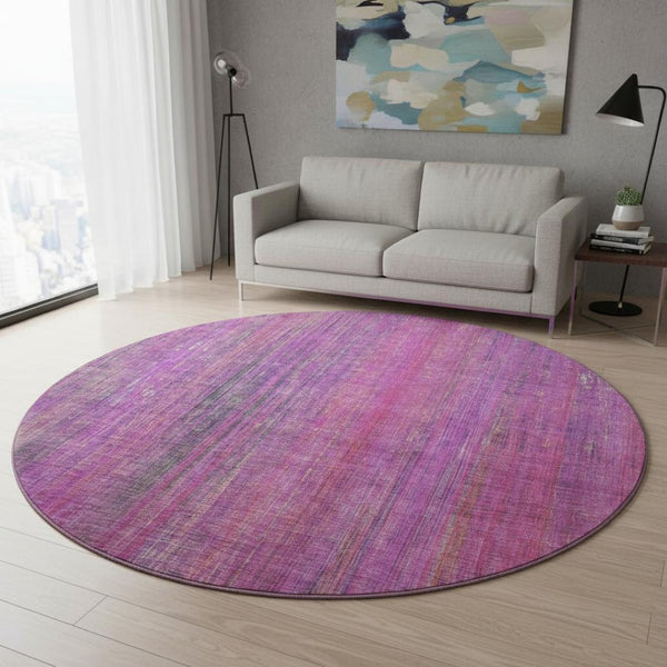 HomeRoots 8' Lilac and Blush Striped Washable Round Rug – Durable, UV-Protected, Stylish for Any Space 648745