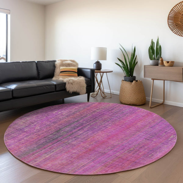 HomeRoots 8' Lilac and Blush Striped Washable Round Rug – Durable, UV-Protected, Stylish for Any Space 648745