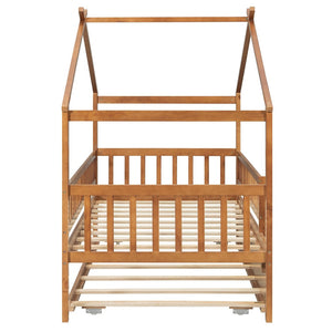 English Elm Twin House Bed with Trundle Solid Pine Frame Walnut Kids Bedroom Sleepover N708P357115L