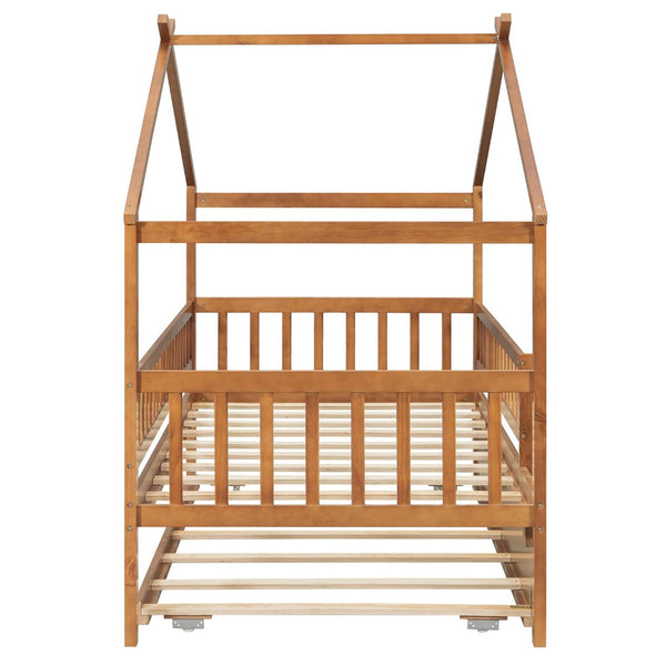 English Elm Twin House Bed with Trundle Solid Pine Frame Walnut Kids Bedroom Sleepover N708P357115L