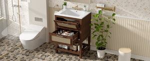 English Elm 24" Rattan Front Bathroom Vanity with Ceramic Sink Deep Drawer Storage Mdf Cabinet Dark Brown N710P293990P