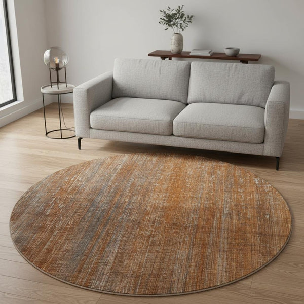 HomeRoots 8' Washable Round Rug in Rust and Gray Stripes with UV Protection for Stylish, Durable Living Spaces 648751