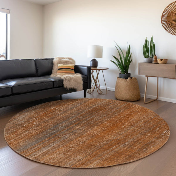 HomeRoots 8' Washable Round Rug in Rust and Gray Stripes with UV Protection for Stylish, Durable Living Spaces 648751