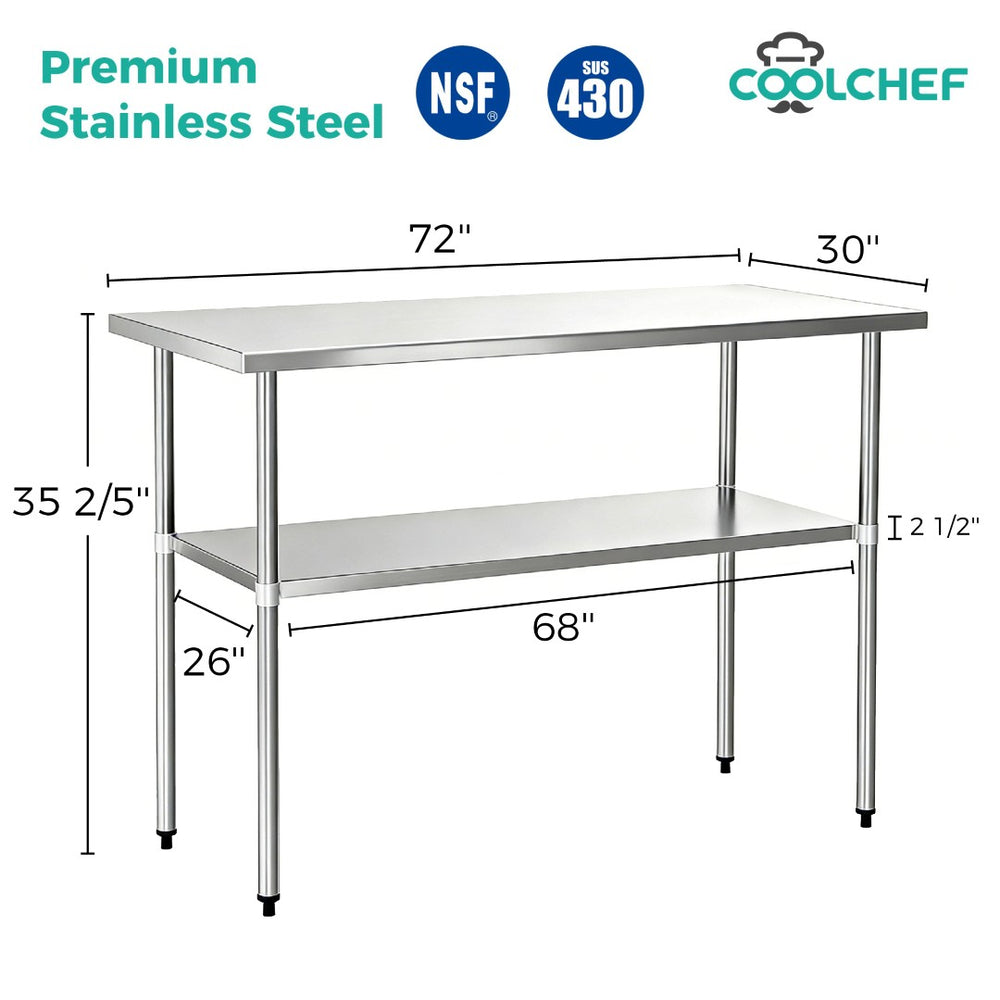 English Elm 30" X 72" Stainless Steel Nsf Certified Commercial Kitchen Prep Table with Undershelf W3629P365486