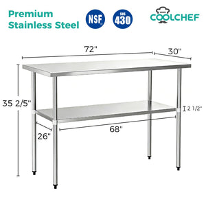 English Elm 30" X 72" Stainless Steel Nsf Certified Commercial Kitchen Prep Table with Undershelf W3629P365486