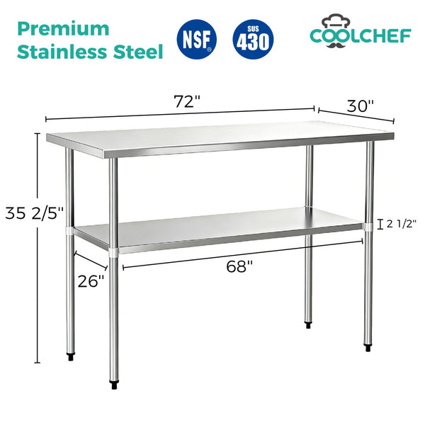 English Elm 30" X 72" Stainless Steel Nsf Certified Commercial Kitchen Prep Table with Undershelf W3629P365486