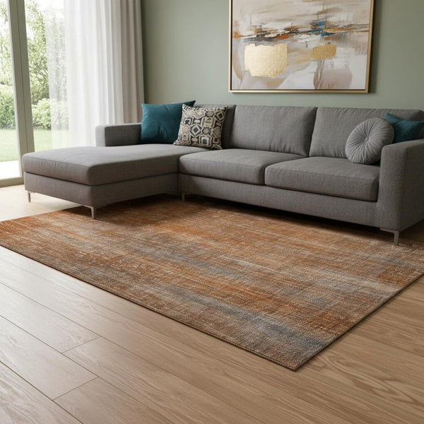 HomeRoots 9' X 12' Washable Area Rug - Rust & Gray Striped Design with UV Protection, Stain Resistance & Durability 648753