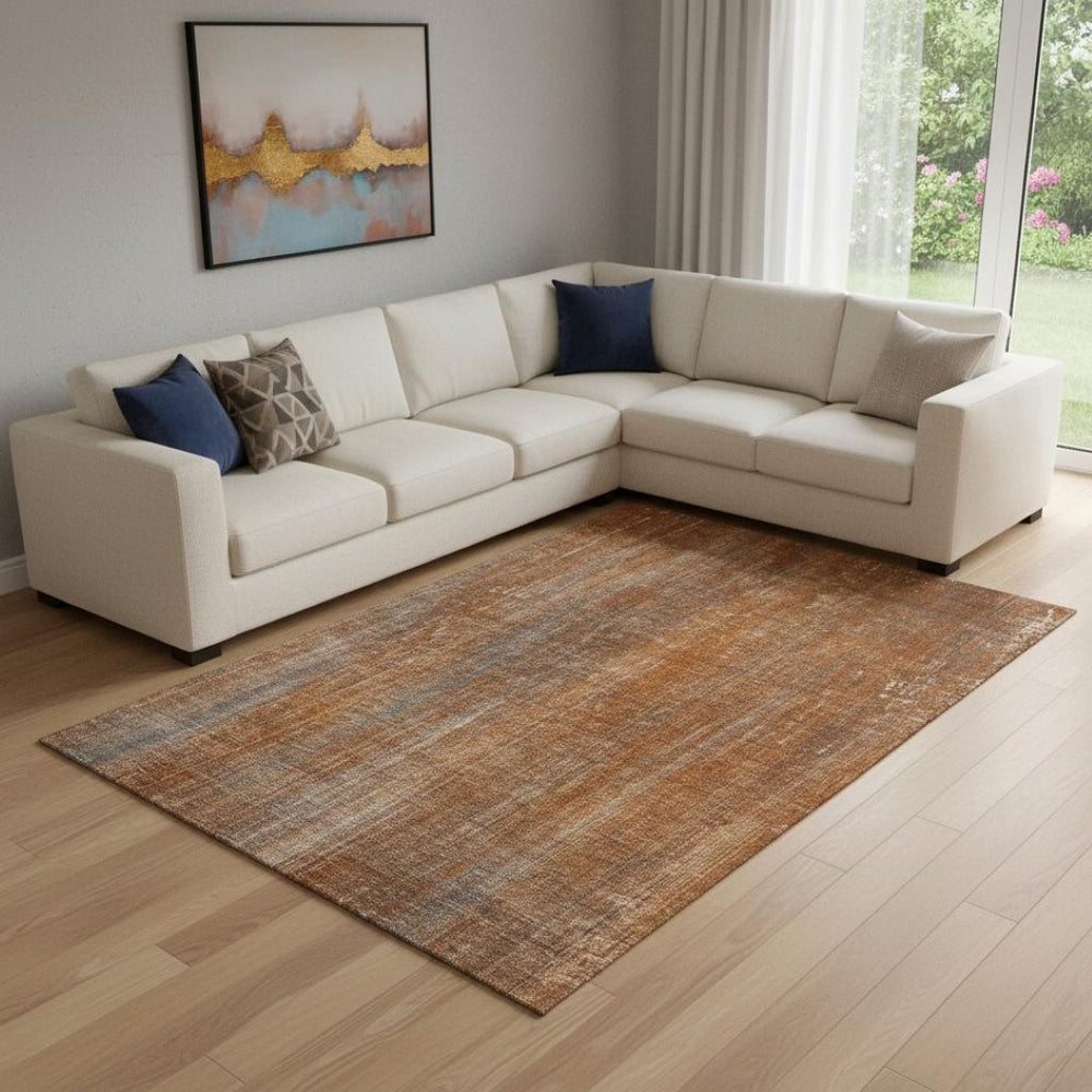 HomeRoots 10' Stylish Rust & Gray Striped Area Rug - Washable, UV-Protected, Stain-Resistant, Perfect for Families! 648754