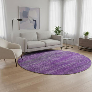 HomeRoots 8' Purple and Ivory Striped Round Rug - Washable, UV Protected, Durable, Ideal for High-Traffic Areas 648757