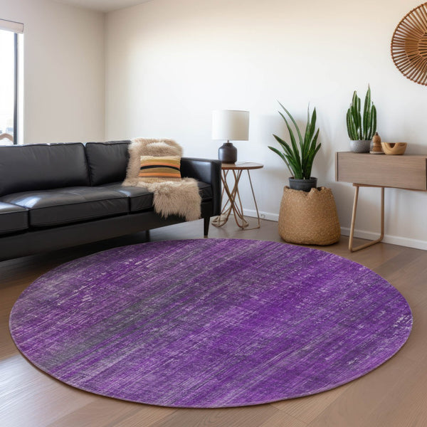 HomeRoots 8' Purple and Ivory Striped Round Rug - Washable, UV Protected, Durable, Ideal for High-Traffic Areas 648757