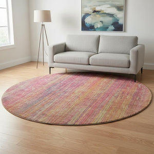HomeRoots 8' Vibrant Red, Yellow & Orange Striped Round Rug - Washable, UV-Protected, Family-Friendly Design 648763