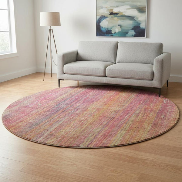 HomeRoots 8' Vibrant Red, Yellow & Orange Striped Round Rug - Washable, UV-Protected, Family-Friendly Design 648763