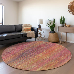 HomeRoots 8' Vibrant Red, Yellow & Orange Striped Round Rug - Washable, UV-Protected, Family-Friendly Design 648763