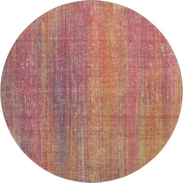 HomeRoots 8' Vibrant Red, Yellow & Orange Striped Round Rug - Washable, UV-Protected, Family-Friendly Design 648763