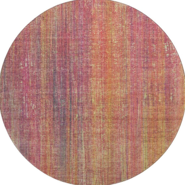 HomeRoots 8' Vibrant Red, Yellow & Orange Striped Round Rug - Washable, UV-Protected, Family-Friendly Design 648763